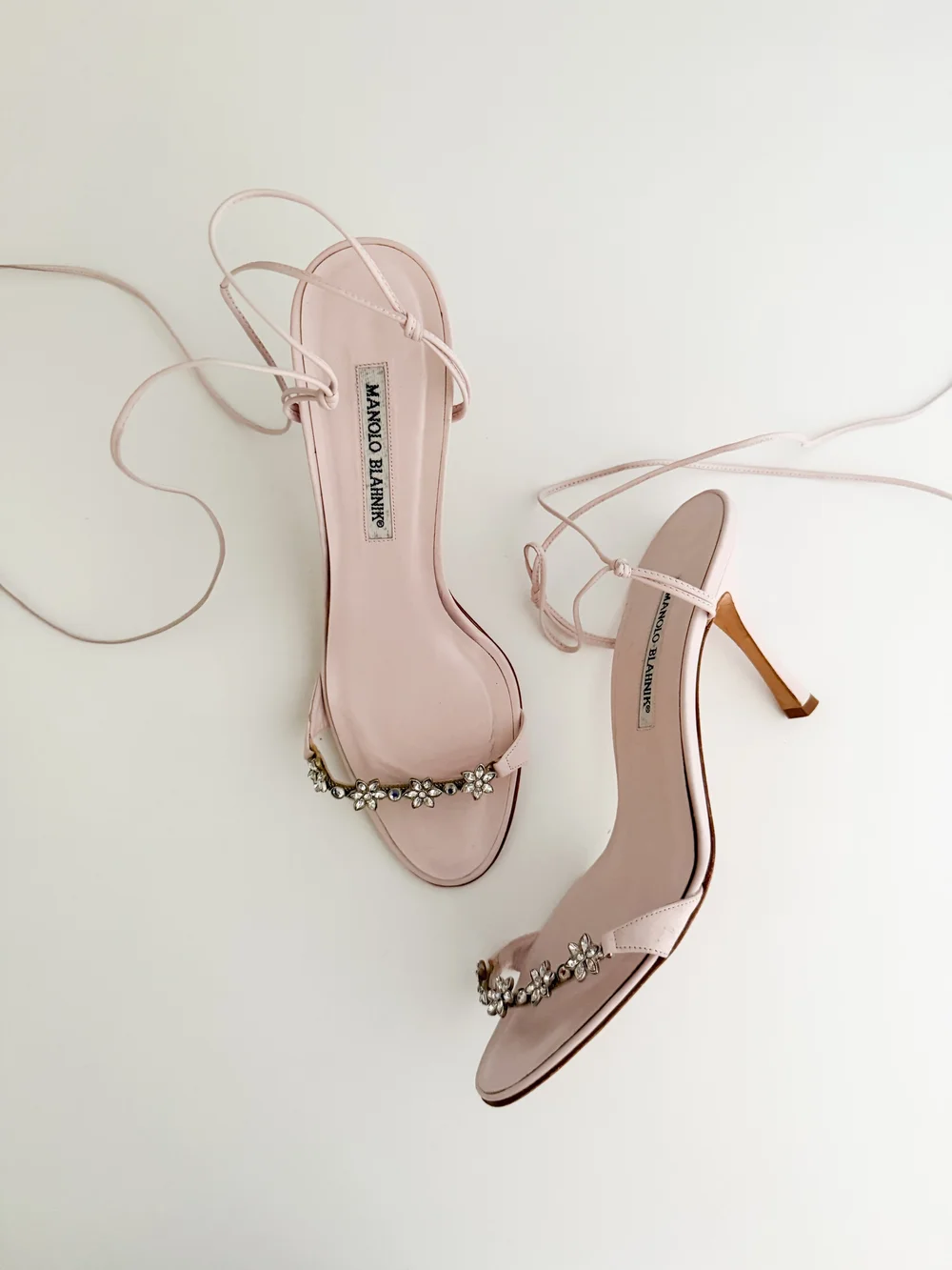 Manolo Blahnik Soft Pink Flower Rhinestone Ankle Wrap Sandal Heels